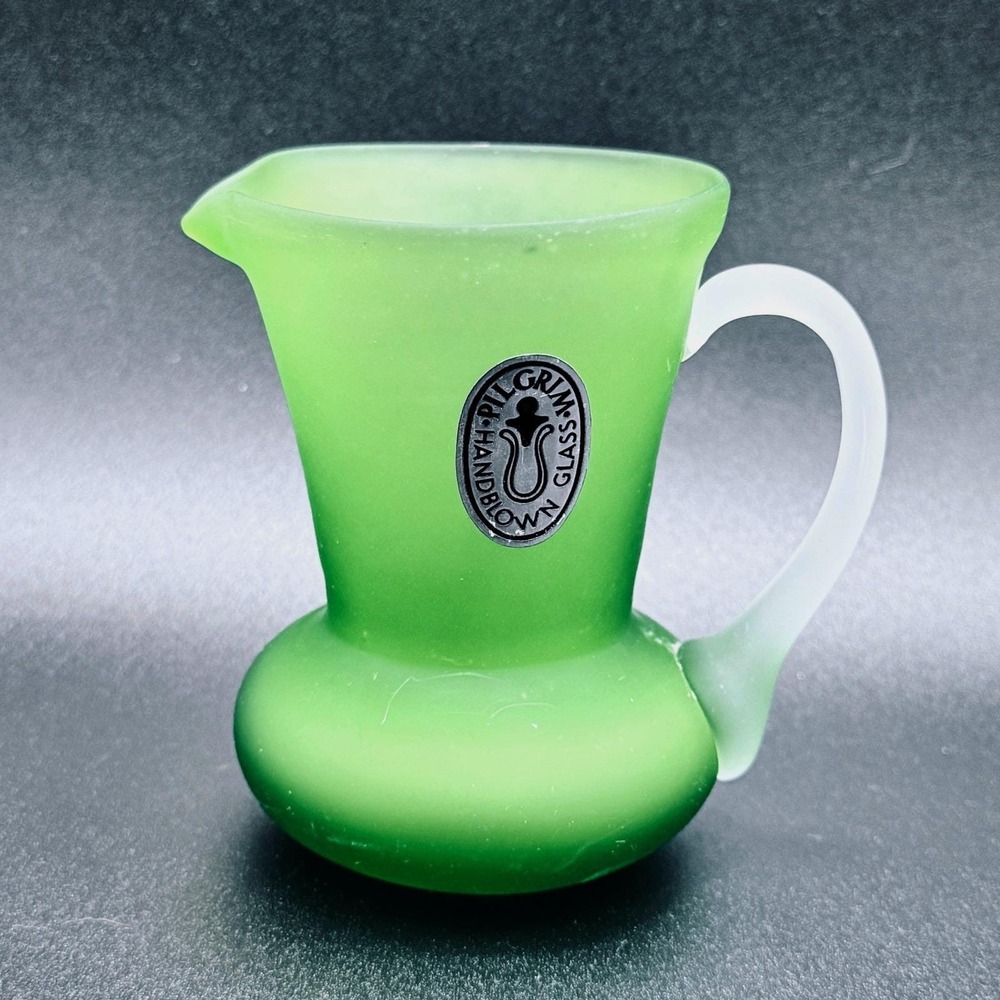 Pilgrim Glass Handblown Frosted Satin Lime Green Mini Pitcher Vintage Name Tag‎